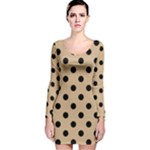 Polka Dots - Black on Tan Brown Long Sleeve Velvet Bodycon Dress