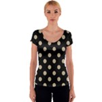 Polka Dots - Khaki Brown on Black Women s V-Neck Cap Sleeve Top