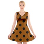 Polka Dots - Black on Brown V-Neck Sleeveless Dress