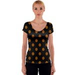 Polka Dots - Brown on Black Women s V-Neck Cap Sleeve Top