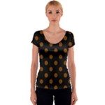 Polka Dots - Chocolate Brown on Black Women s V-Neck Cap Sleeve Top