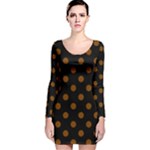 Polka Dots - Chocolate Brown on Black Long Sleeve Velvet Bodycon Dress