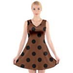 Polka Dots - Black on Auburn Brown V-Neck Sleeveless Dress