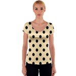 Polka Dots - Black on Peach Orange Women s V-Neck Cap Sleeve Top