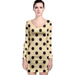 Polka Dots - Black on Peach Orange Long Sleeve Bodycon Dress