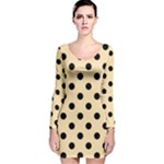 Polka Dots - Black on Peach Orange Long Sleeve Velvet Bodycon Dress