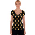 Polka Dots - Pastel Orange on Black Women s V-Neck Cap Sleeve Top