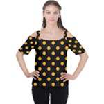 Polka Dots - Dark Tangerine Orange on Black Women s Cutout Shoulder Tee