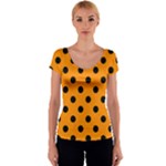 Polka Dots - Black on Dark Orange Women s V-Neck Cap Sleeve Top