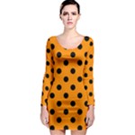 Polka Dots - Black on Dark Orange Long Sleeve Bodycon Dress