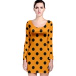 Polka Dots - Black on Dark Orange Long Sleeve Velvet Bodycon Dress