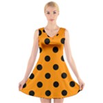 Polka Dots - Black on Dark Orange V-Neck Sleeveless Dress