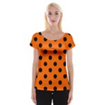 Polka Dots - Black on Safety Orange Women s Cap Sleeve Top