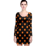 Polka Dots - Safety Orange on Black Long Sleeve Bodycon Dress