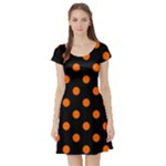 Polka Dots - Safety Orange on Black Short Sleeve Skater Dress