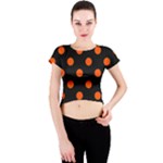 Polka Dots - Tangelo Orange on Black Crew Neck Crop Top