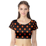 Polka Dots - Tangelo Orange on Black Short Sleeve Crop Top (Tight Fit)