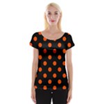 Polka Dots - Tangelo Orange on Black Women s Cap Sleeve Top