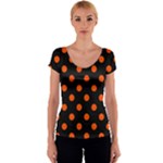 Polka Dots - Tangelo Orange on Black Women s V-Neck Cap Sleeve Top