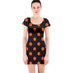 Polka Dots - Tangelo Orange on Black Short Sleeve Bodycon Dress