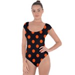 Polka Dots - Tangelo Orange on Black Short Sleeve Leotard (Ladies)