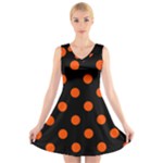 Polka Dots - Tangelo Orange on Black V-Neck Sleeveless Dress