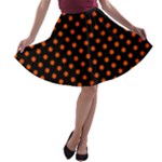 Polka Dots - Tangelo Orange on Black A-line Skater Skirt