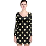 Polka Dots - Blond Yellow on Black Long Sleeve Velvet Bodycon Dress