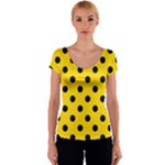 Polka Dots - Black on Gold Yellow Women s V-Neck Cap Sleeve Top