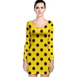 Polka Dots - Black on Gold Yellow Long Sleeve Velvet Bodycon Dress