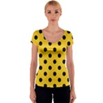 Polka Dots - Black on Deep Lemon Yellow Women s V-Neck Cap Sleeve Top