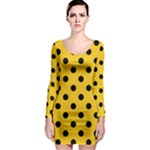 Polka Dots - Black on Deep Lemon Yellow Long Sleeve Bodycon Dress