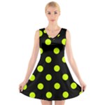 Polka Dots - Fluorescent Yellow on Black V-Neck Sleeveless Dress