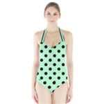 Polka Dots - Black on Mint Green Women s Halter One Piece Swimsuit