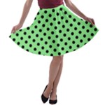 Polka Dots - Black on Light Green A-line Skater Skirt