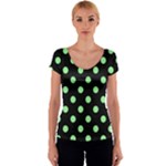 Polka Dots - Light Green on Black Women s V-Neck Cap Sleeve Top