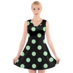 Polka Dots - Celadon Green on Black V-Neck Sleeveless Dress