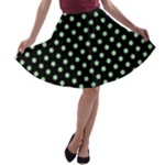 Polka Dots - Celadon Green on Black A-line Skater Skirt