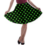 Polka Dots - Neon Green on Black A-line Skater Skirt