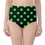 Polka Dots - Neon Green on Black High-Waist Bikini Bottoms