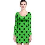 Polka Dots - Black on Lime Green Long Sleeve Velvet Bodycon Dress