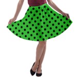 Polka Dots - Black on Lime Green A-line Skater Skirt