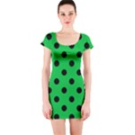 Polka Dots - Black on Dark Pastel Green Short Sleeve Bodycon Dress