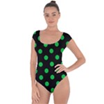 Polka Dots - Dark Pastel Green on Black Short Sleeve Leotard (Ladies)