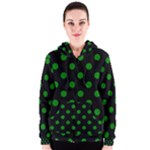 Polka Dots - Green on Black Women s Zipper Hoodie