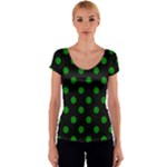 Polka Dots - Green on Black Women s V-Neck Cap Sleeve Top