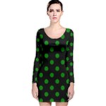 Polka Dots - Green on Black Long Sleeve Velvet Bodycon Dress