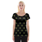 Polka Dots - Army Green on Black Women s Cap Sleeve Top