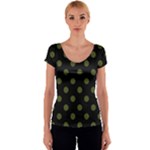 Polka Dots - Army Green on Black Women s V-Neck Cap Sleeve Top