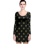 Polka Dots - Army Green on Black Long Sleeve Velvet Bodycon Dress